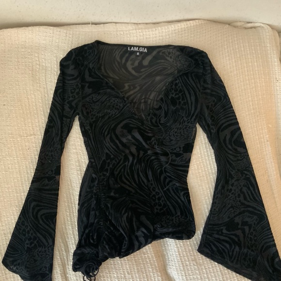 I.AM.GIA Amina Black Sheer Animal Print Lace Up Mini Dress Flare Sleeve Small - Picture 8 of 10